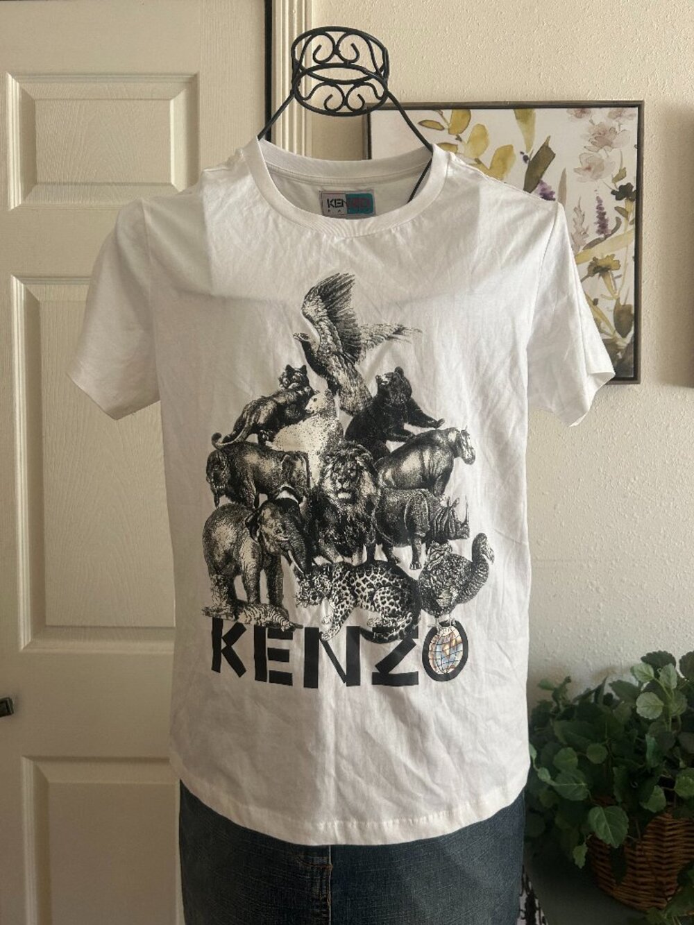 Kenzo White Short Sleeve Tee with Black Animal Montage